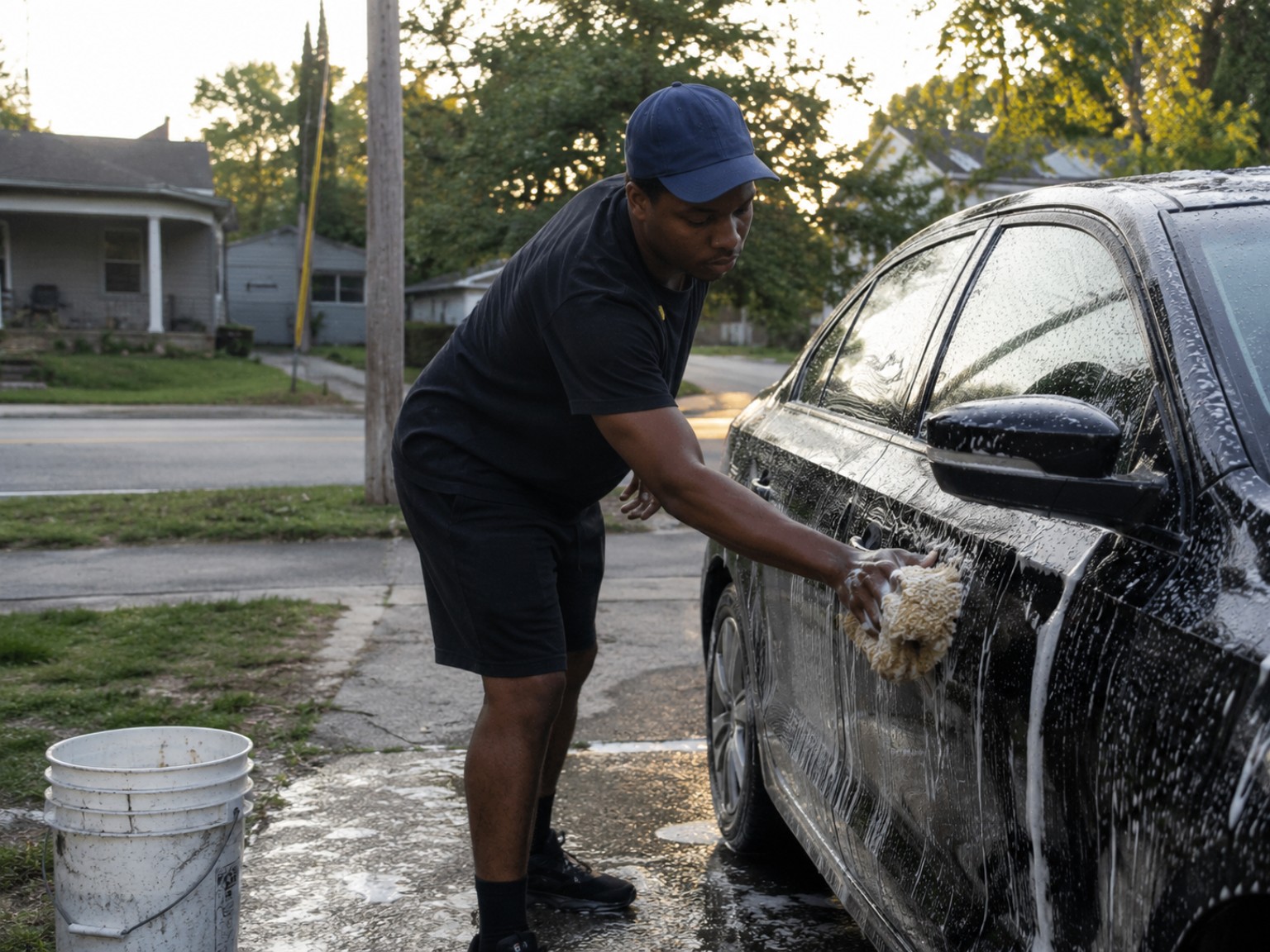 Mobile detailer hand washing a black sedan in a Mississauga driveway