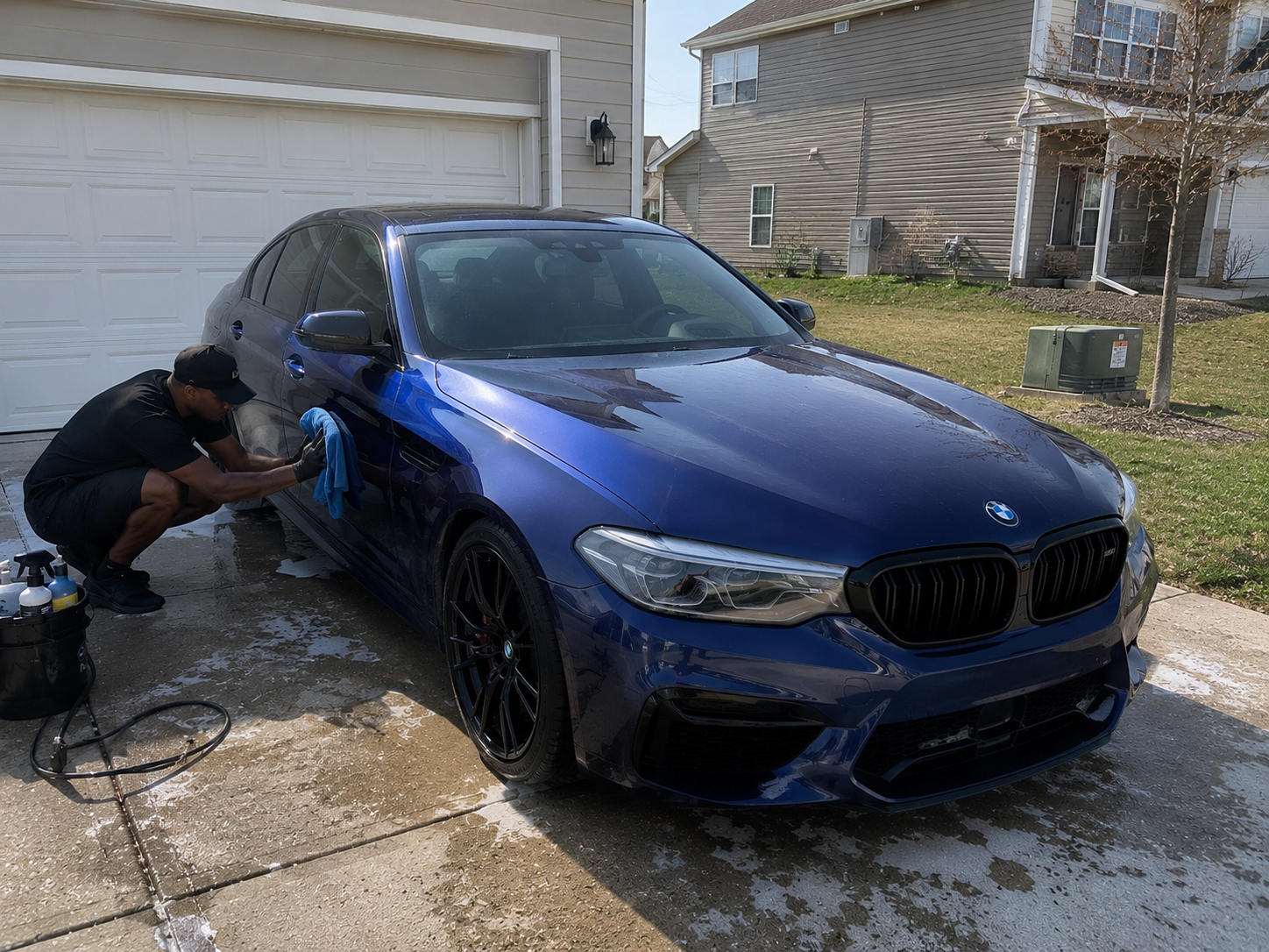 Detailer drying a blue BMW M5 after a full exterior wash in a driveway