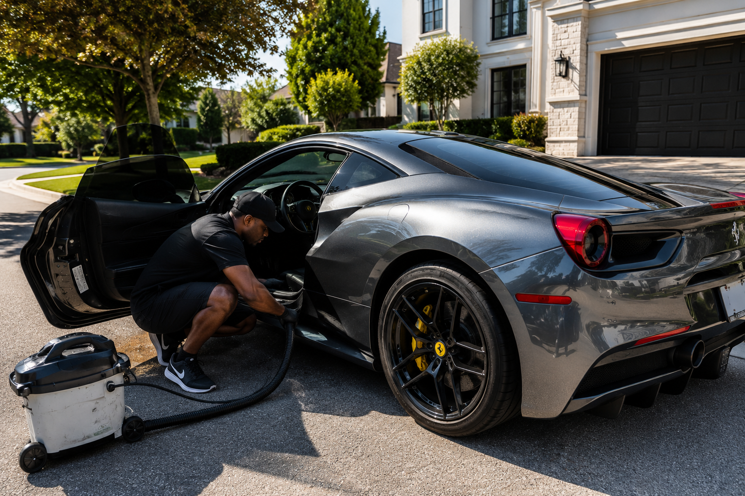 Detailer vacuuming the interior of a grey Ferrari 458 at a luxury home