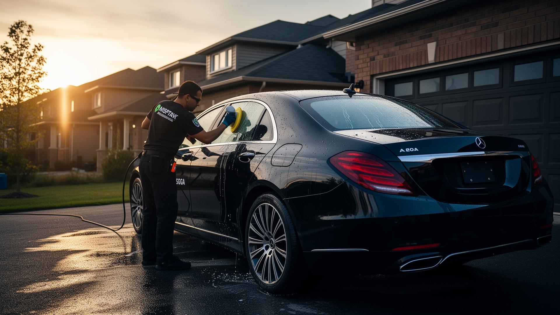 Mobile car detailer polishing a black luxury sedan in a Mississauga driveway at sunset