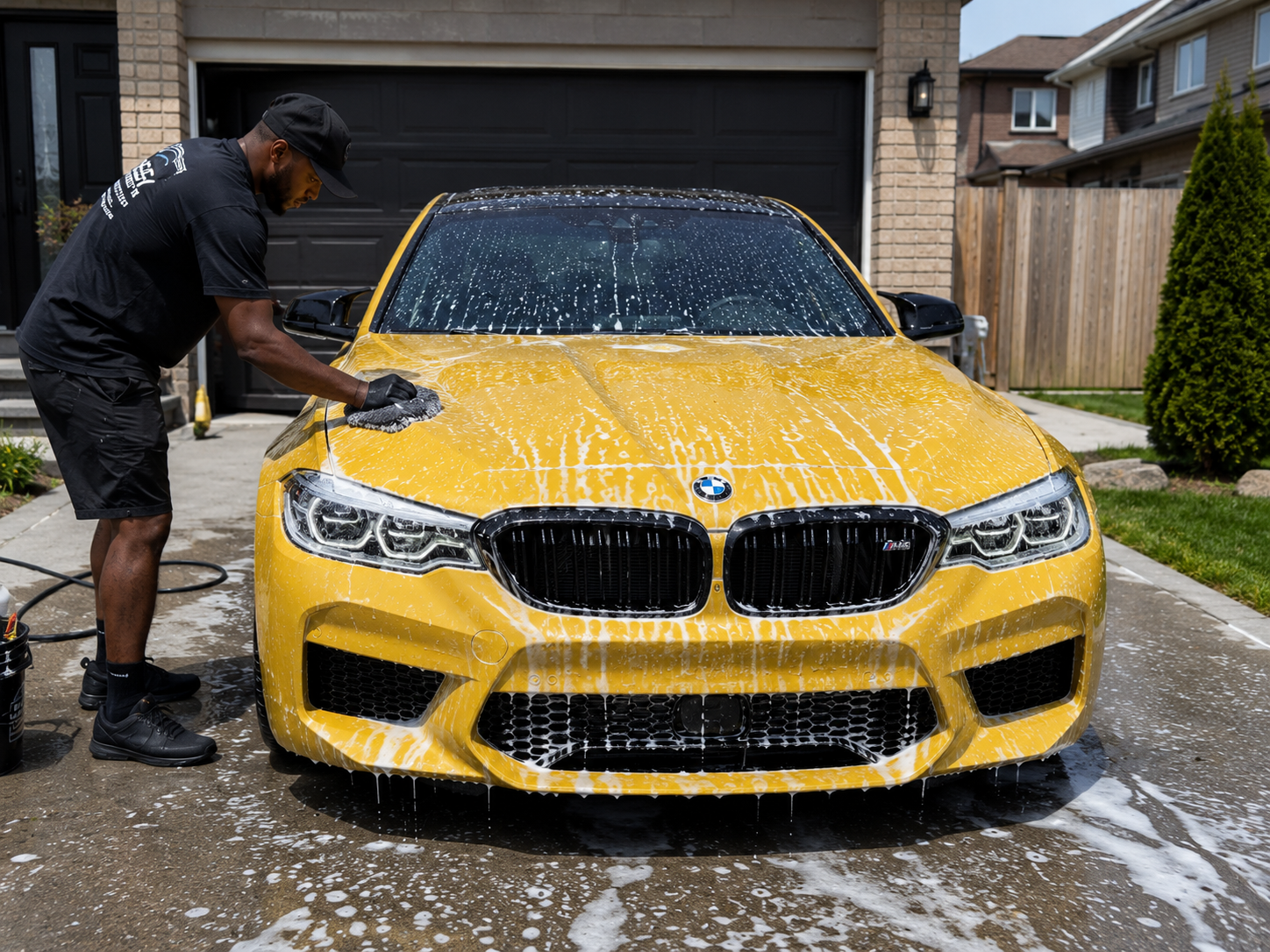 Mobile car detailer washing a yellow BMW M5 in a Mississauga driveway